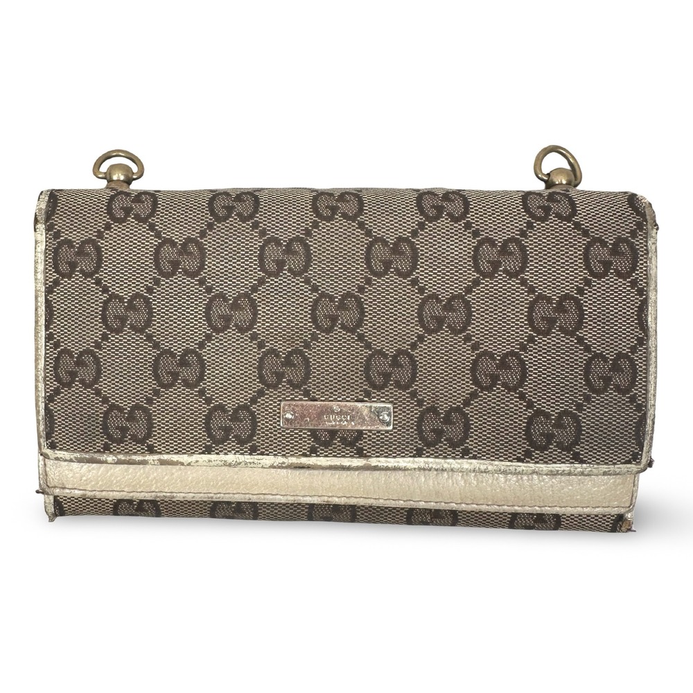 Gucci GG Monogram Canvas Wallet On Chain Brown‎ Tan Beige Leather READ